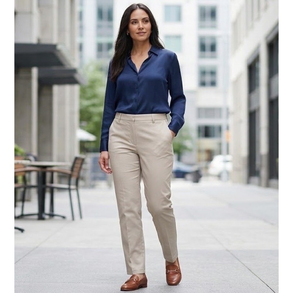 Lee Womens Khaki Straight Leg Comfort Waistband Pants 16M Tan Wrinkle Free
